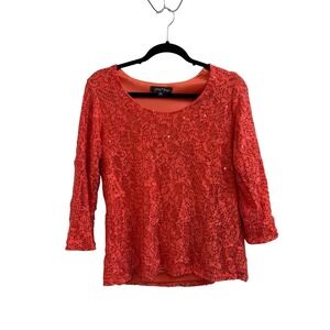 Slinky Brand Womens Blush Coral Sequin Lace Top 3/4 Sleeve Scoop Neck Size S